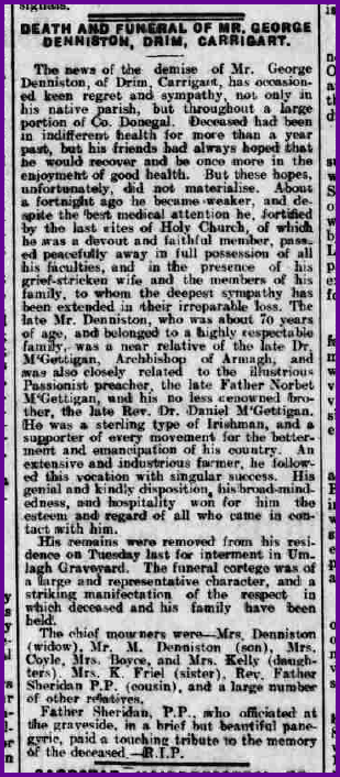 Derry Journal Obituary of George Denniston 1931